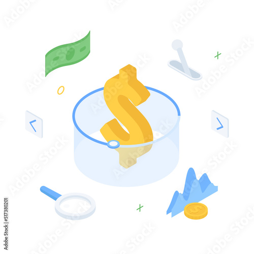Money, scales, balance, chart, graph, diagram, presentation, spreadsheet, economy, finance, technology.Isometric vector illustration flat design isolated.