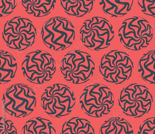 Wavy Lines Patterned Balls In Different Positions Psychedelic Art Seamless Abstract Vector Red Black Background. Freaky Acid Trip Crazy Endless Wallpaper. Ripple Stripes Spherical Shapes Illustration