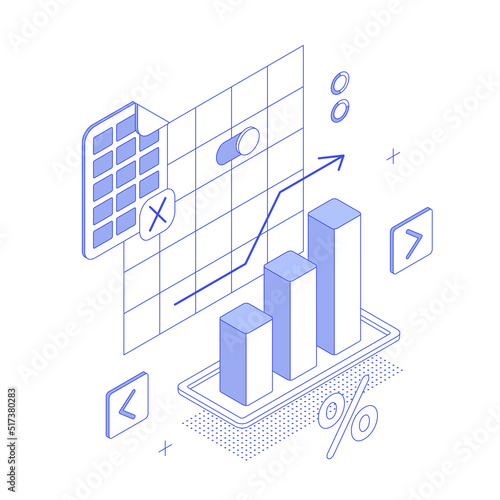 Money, chart, graph, diagram, presentation, spreadsheet, economy, finance, technology. Isometric vector illustration flat design isolated. Outline, linear style, line art, editable stroke.
