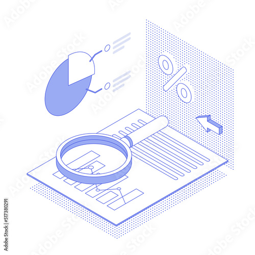 Money, chart, graph, diagram, presentation, spreadsheet, economy, finance, technology.Isometric vector illustration flat design isolated. Outline, linear style, line art, editable stroke.