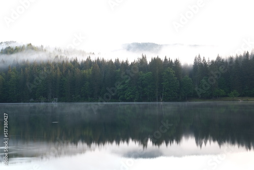 Morgendlicher Nebel über einem Bergsee