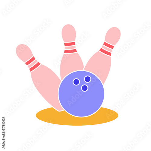 Flat icon with pins and bowling ball in red blue and yellow.