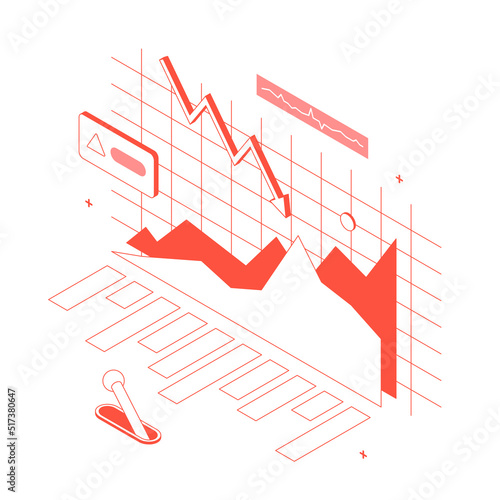 Money, chart, graph, diagram, presentation, spreadsheet, economy, finance, technology.Isometric vector illustration flat design isolated. Outline, linear style, line art, editable stroke.