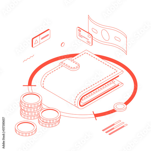 Money, wallet, investment, cash, credit card, currency, safe, protect,  presentation, infographic, gold. Isometric vector illustration flat design isolated. Outline, linear style, line art, editable s