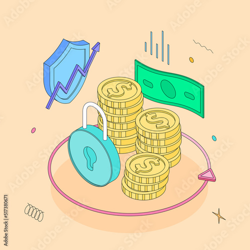 Money, wallet, investment, cash, credit card, currency, safe, protect,  presentation, infographic, gold. Isometric vector illustration flat design isolated. Outline, linear style, line art, editable s
