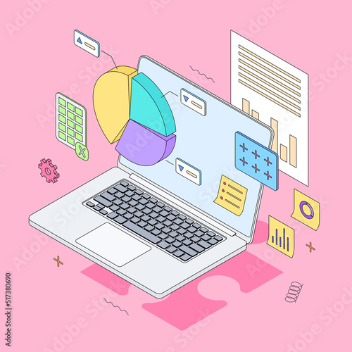 Money, chart, graph, diagram, presentation, spreadsheet, economy, finance, technology.Isometric vector illustration flat design isolated.