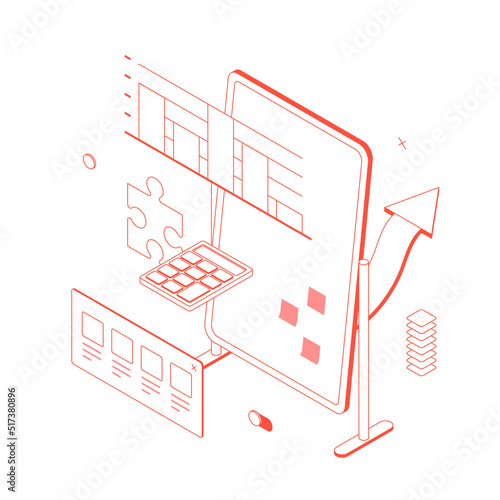 Money, ux, ui, chart, graph, diagram, presentation, spreadsheet, economy, finance, technology. Isometric vector illustration flat design isolated. Outline, linear style, line art, editable stroke.