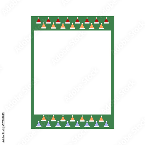 Cartoon cute retro instant photo frame. Modern design with green color base and christmas hat pattern. Isolated on white background, flat design, vector, illustration, EPS10