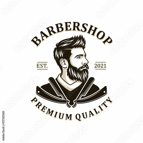 Vector vintage barber shop logo for your design. For Label, Badge, Sign or Advertising. Hipster Man, Hairdresser Logo.