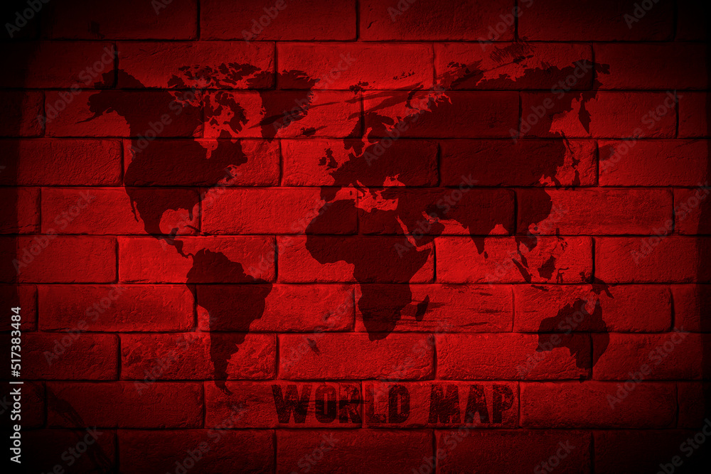 A map of the world painted on a brick wall. - obrazy, fototapety, plakaty 