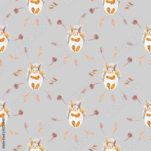 Autumn squirrels seamless pattern drawn in wax crayons on gray background.Fall holiday print for Thanksgiving with oil crayons.Designs for textiles,wrapping paper, packaging,printing,scrapbooking.