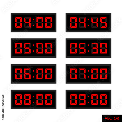 Set of red LCD display digital clock in flat style design isolated on white background. Vector illustration.