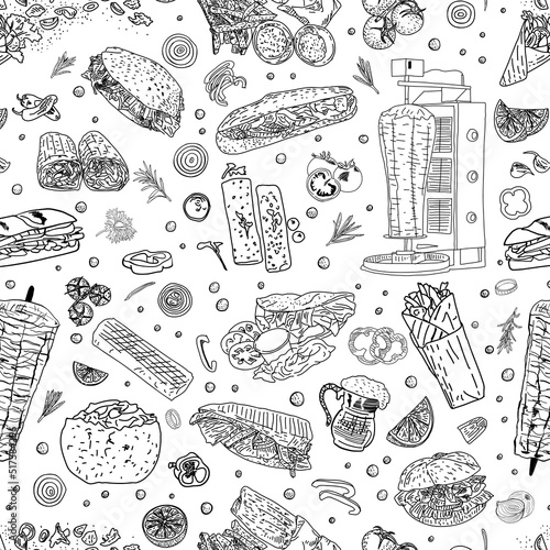 Shawarma Kebab pattern fast food. Seamless pattern. Concept of doner kebab, street food, barbecue, cuisine. Vintage design template, banner. Fresh vegetables. Vector hand drawn sketch illustration.