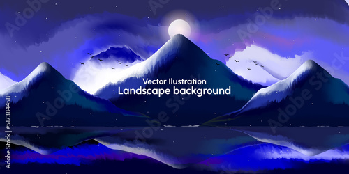 Landscape of dramatic night sky cosmos with mountain in water color paint style