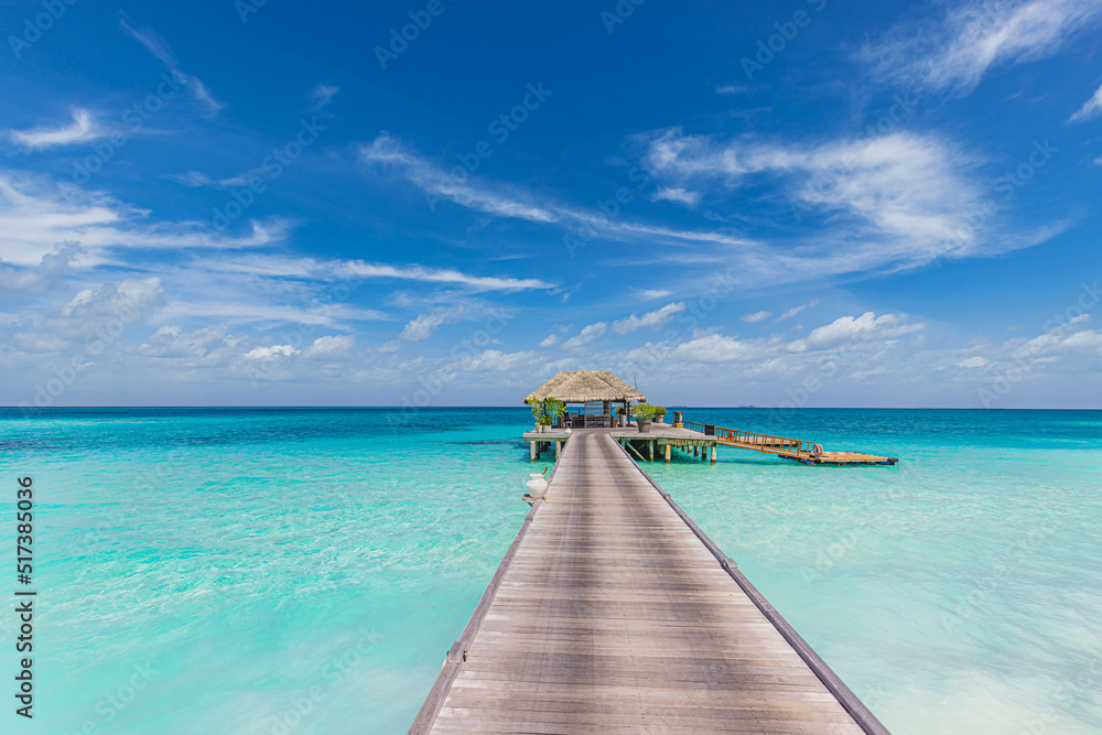 Maldives paradise background. Tropical aerial landscape, seascape with long pier, water villas, amazing sea sky and lagoon beach, tropical nature. Exotic tourism destination banner, summer vacation