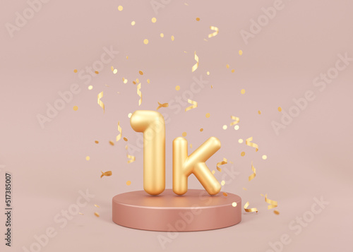 1000 followers card with golden confetti on pink background. Banner for social network, blog. 1k followers or likes celebration. Social media achievement poster. One thousand subscriber. 3d rendering.