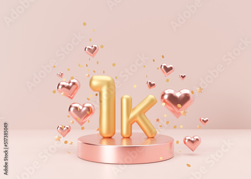 1000 followers card with golden confetti on pink background. Banner for social network, blog. 1k followers or likes celebration. Social media achievement poster. One thousand subscriber. 3d rendering. photo