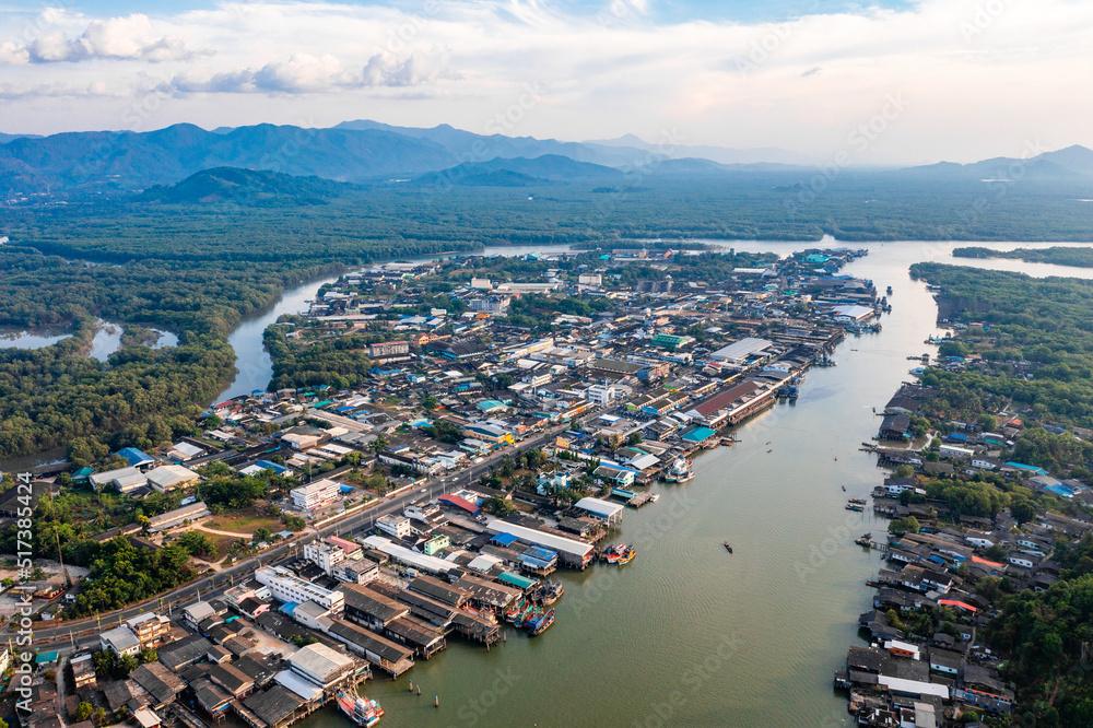 Obraz premium Aerial city view of Ranong and its estuary, Thailand