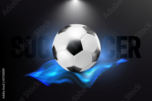 3d realistic Realistic football blue flying in fiery flames with Soccer tournament background abstract vector