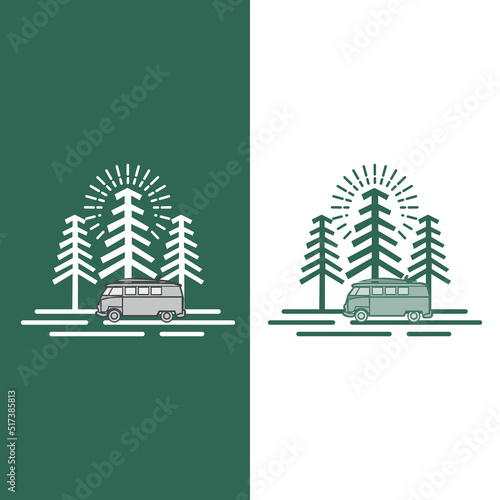 Travel with camper van. Adventure, vintage car, outdoor recreation, adventures in nature, vacation. vector illustration in flat design.