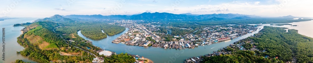 Aerial city view of Ranong and its estuary, Thailand