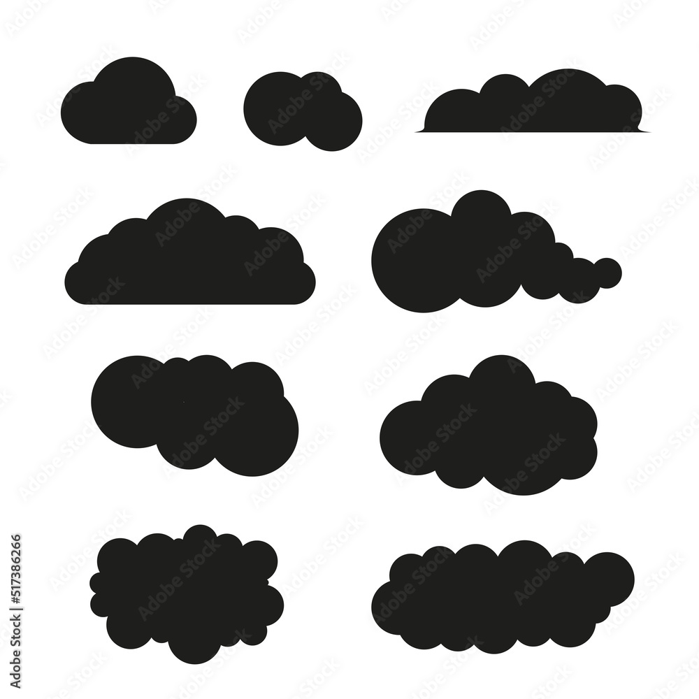 Different shape cloud silhouette set. Flat vector illustration isolated on white background. Different shape cloud silhouette set. Flat vector illustration isolated on white background.