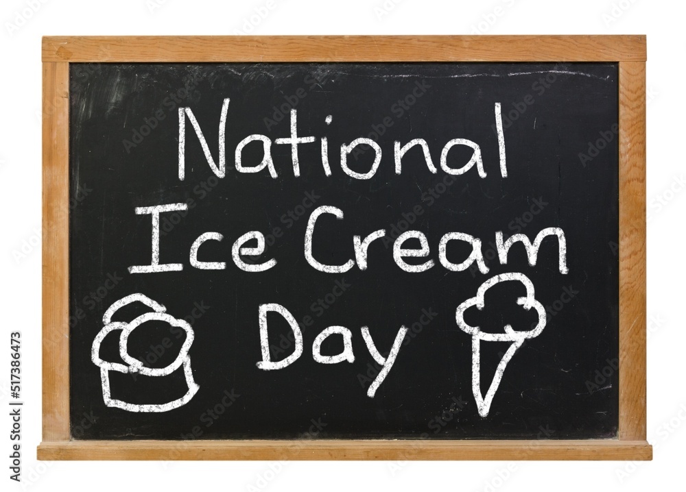 Obraz premium National Ice Cream Day written in white chalk on a black chalkboard in a wood frame