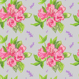 Garden flowers seamless pattern drawn in wax crayons on gray background. Holiday, summer print with children's oil crayons.Designs for textiles, wrapping paper, packaging, printing, scrapbooking.