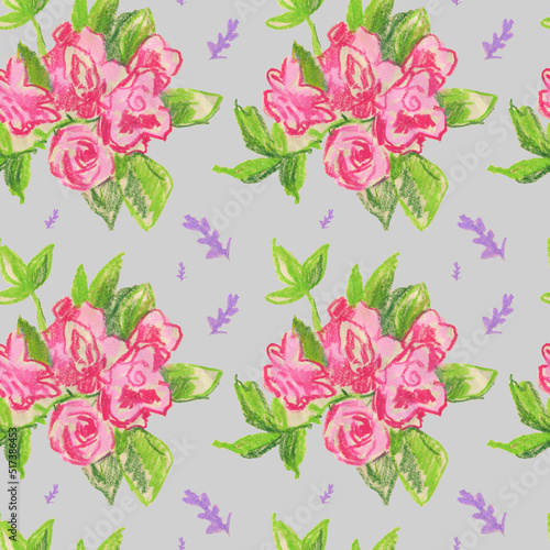 Garden flowers seamless pattern drawn in wax crayons on gray background. Holiday, summer print with children's oil crayons.Designs for textiles, wrapping paper, packaging, printing, scrapbooking.