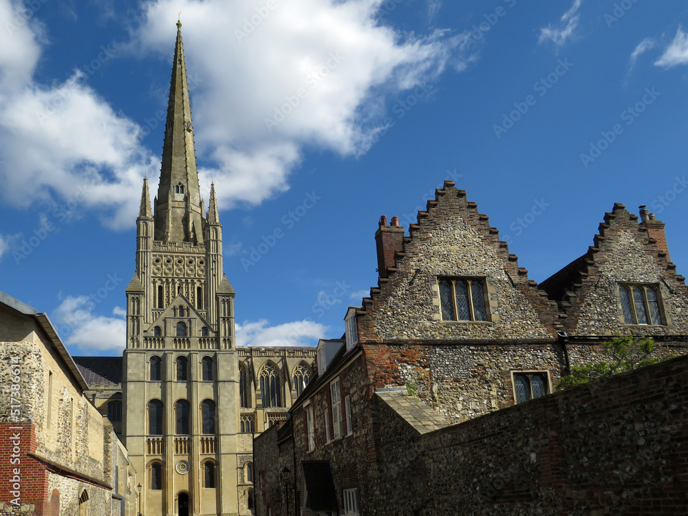 Cathedral of Norwich. View of the crossing facade, lantern tower and spire. Norman Romanesque 11-12 century.
East Anglia. United Kingdom. 