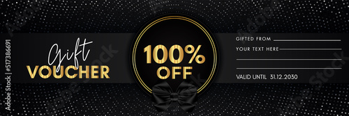 100 percent off gift voucher template design with gold circle frame and dotted line black background. Premium design for discount label, coupon sales, special offer, discount coupon, coupon code.