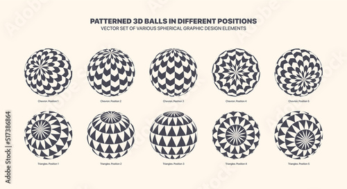 Vector Assorted Various Patterned 3D Balls In Different Positions With Checkered Chevron And Triangle Pattern Set Isolated On Light Back. Black White Graphic Variety 3D Spherical Design Elements Group