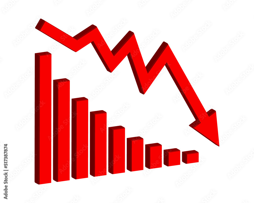 Red 3d arrow going down stock icon on white background. Bankruptcy, financial market crash icon for your web site design, logo, app, UI. graph chart downtrend symbol.chart going down sign. Red 3d arrow going down stock icon on white background. Bankruptcy, financial market crash icon for your web site design, logo, app, UI. graph chart downtrend symbol.chart going down sign.