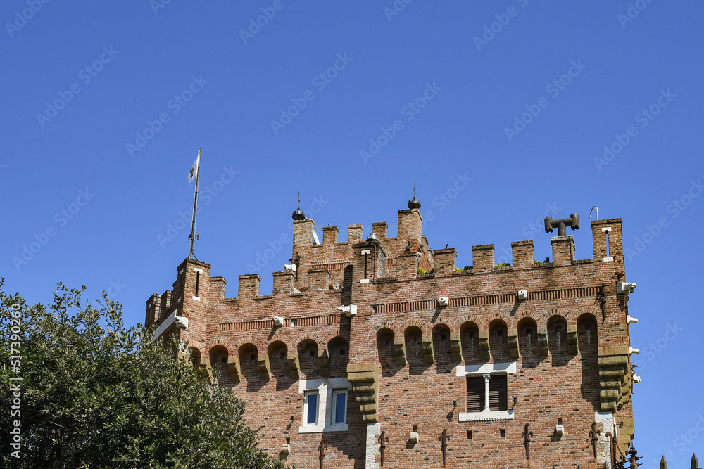 Detail of the Turcke castle, built in 1903 in eclectic style, against blue sky, Boccadasse, Genoa, Liguria, Italy