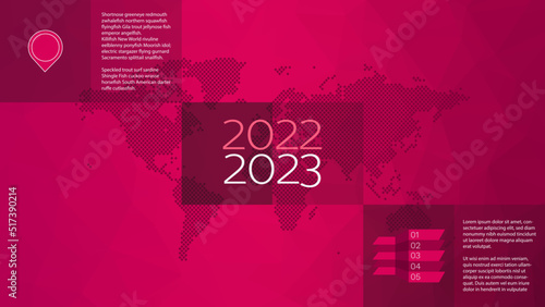 Vector infographic elements for  year 2022, 2023, business, presentation, web design, landing page, template, sample text. 5 steps with world map dotted background. Pink poly illustration