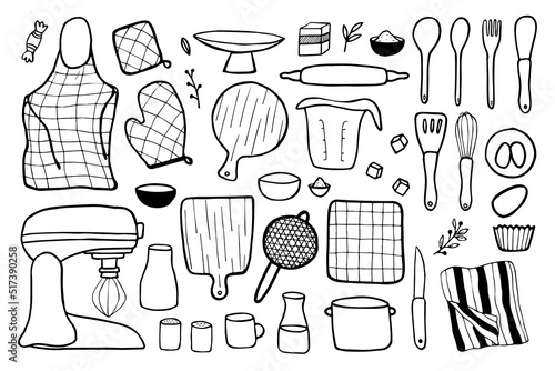 Hand drawn line baking supplies and baking ingredients vector collection. Outline design elements set for bakery logo, menu and other DIY projects.