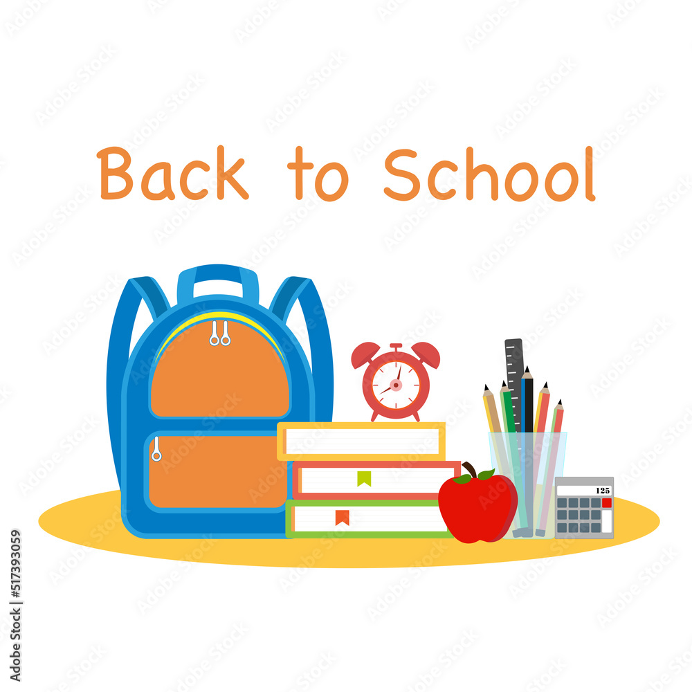 Text back to school. A school backpack with books, pencils and an apple. Text back to school. A school backpack with books, pencils and an apple.