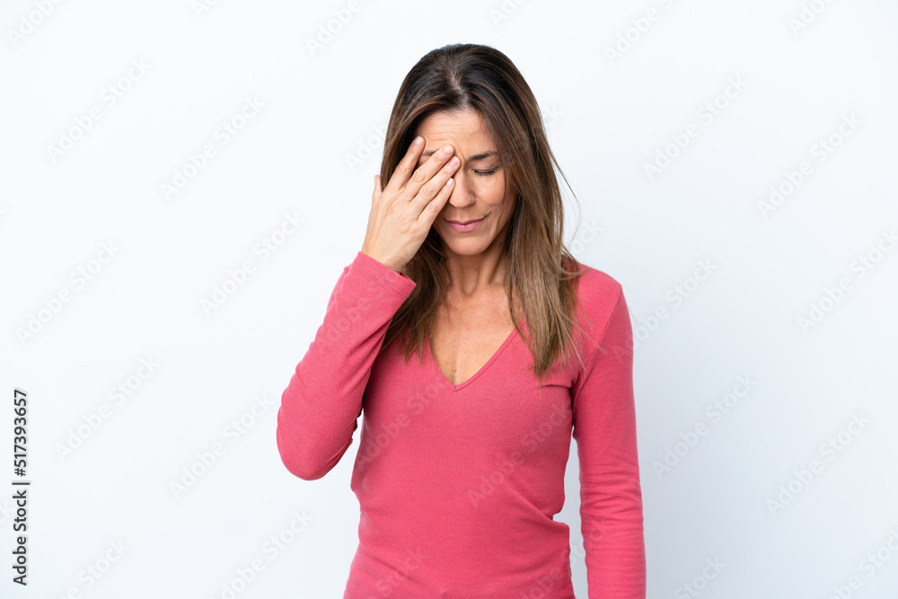 Middle age caucasian woman isolated on white background with headache Middle age caucasian woman isolated on white background with headache