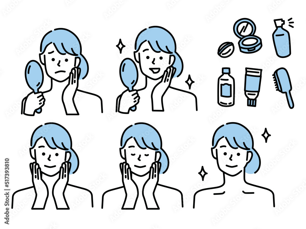 肌の悩み、美容のイラスト(女の子、鏡、ファッション、おしゃれ、スキンケア) Illustrations of skin problems, rough skin, acne . Mirrors, fashion, fashion, fashion, beauty, skin care. 肌の悩み、美容のイラスト(女の子、鏡、ファッション、おしゃれ、スキンケア) Illustrations of skin problems, rough skin, acne . Mirrors, fashion, fashion, fashion, beauty, skin care.