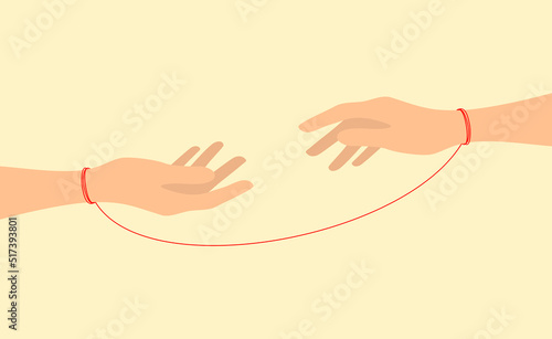 Two hands tied with the red thread of fate reach for each other. Vector illustration