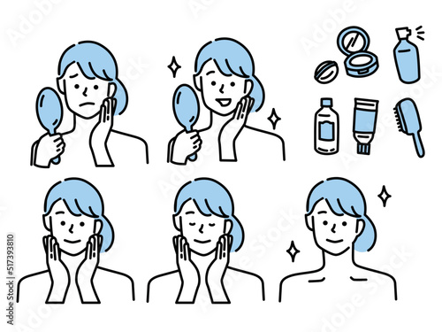肌の悩み、美容のイラスト(女の子、鏡、ファッション、おしゃれ、スキンケア) Illustrations of skin problems, rough skin, acne . Mirrors, fashion, fashion, fashion, beauty, skin care.