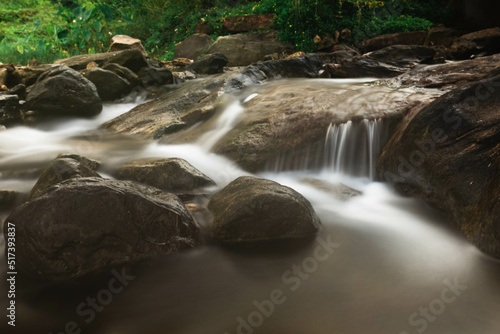 Long shutter shot of a small waterfall showing the movement of water