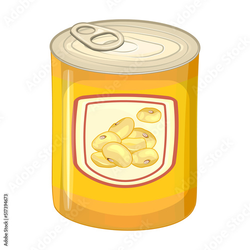 Soy beans tin can. Canned, stewed, dressing or condensed soup of soybean in metallic can package. Preserve food, long term storage product with soya beans.Tinned cooking ingredient.Vector illustration