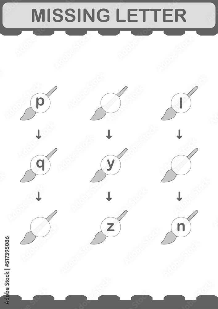 Fototapeta premium Missing letter with Paintbrush. Worksheet for kids