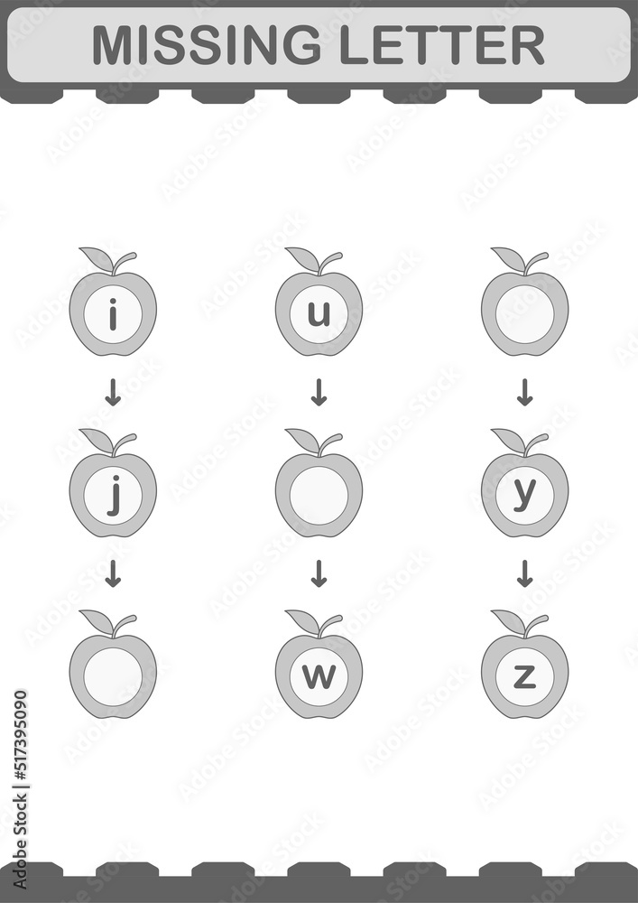 Missing letter with Apple. Worksheet for kids Missing letter with Apple. Worksheet for kids