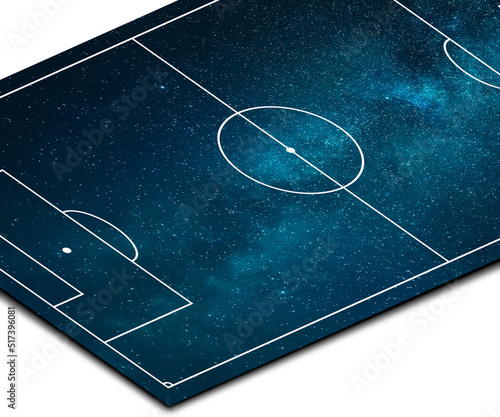 Concept of football field. Soccer field illustration on white canvas. Starry sky cosmo realistic texture top view on white background.