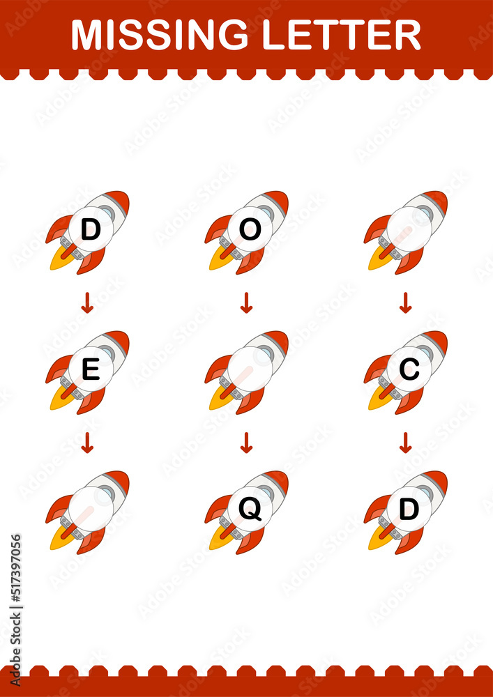 Missing letter with Rocket. Worksheet for kids Missing letter with Rocket. Worksheet for kids