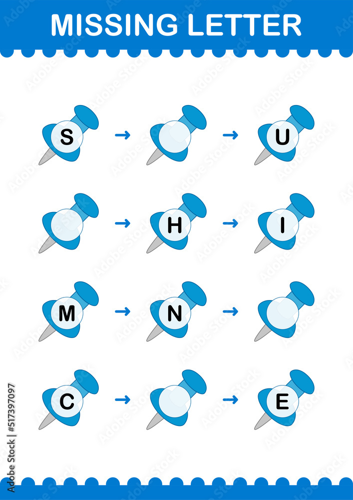 Missing letter with Push Pin. Worksheet for kids Missing letter with Push Pin. Worksheet for kids