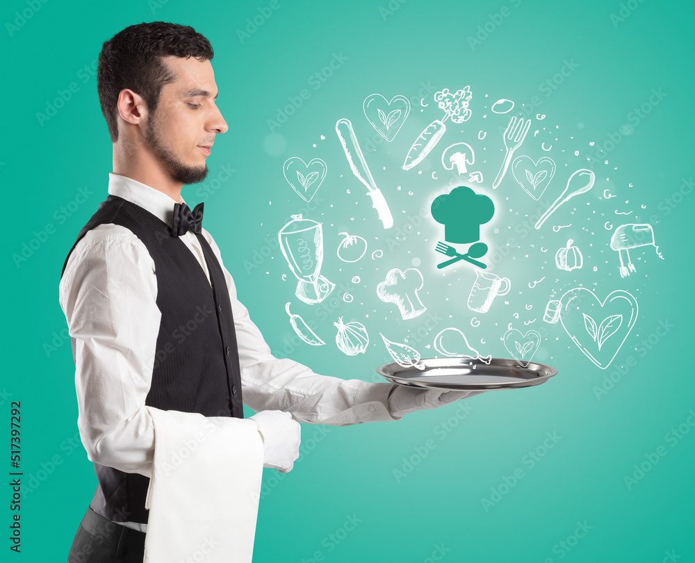 Waiter holding silver tray with food icons above Waiter holding silver tray with food icons above