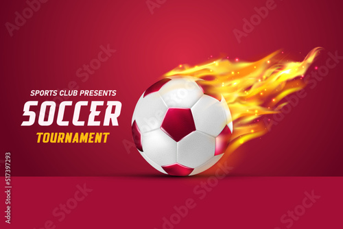 3d Realistic Football world cup flying in fiery flames with Soccer sports tournament league glow gradient abstract wall vector background